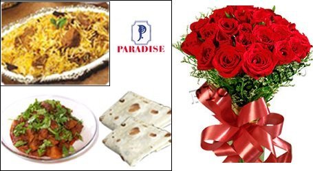 Mutton Biryani family pack with red rose bunch in Hyderabad
