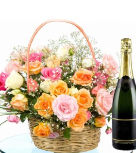 Roses bouquet with wine juice bottle online delivery