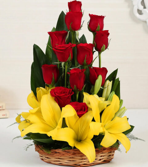 Red Roses Lilies Basket flowers Online in Hyderabad